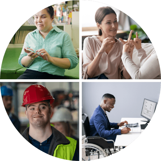 Collage de cuatro imágenes que muestran la inclusión laboral de personas con discapacidad: una mujer ciega usando celular, una intérprete de lengua de señas, un constructor con síndrome de Down y un oficinista usuario de silla de ruedas